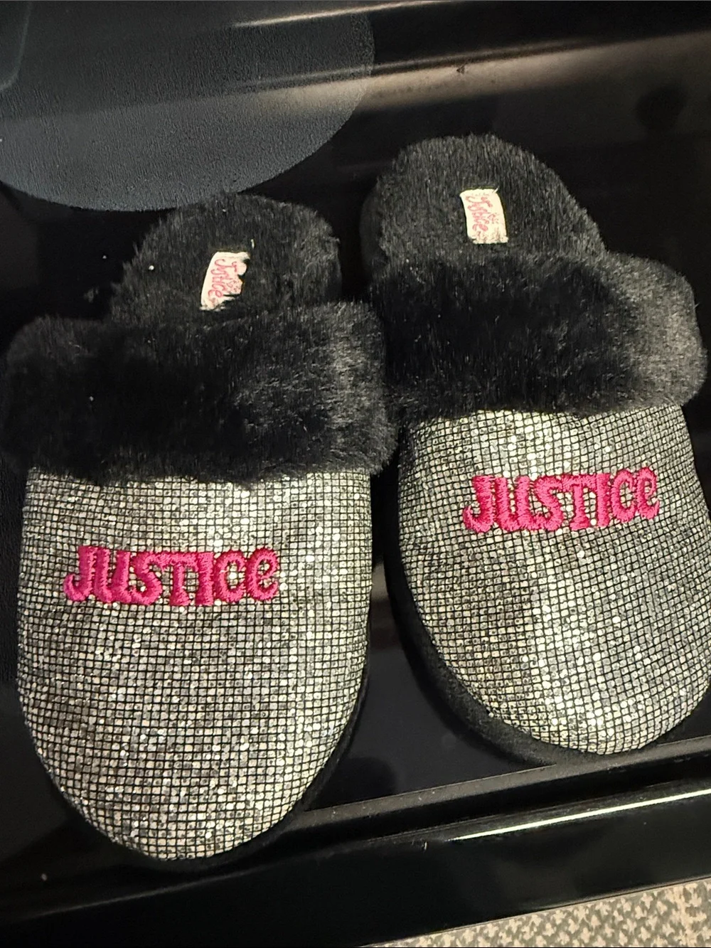 Justice Silver Glitter Slippers with Pink Logo